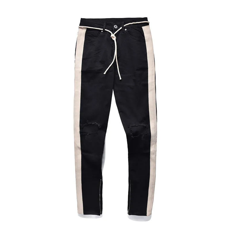 Men's ripped cotton denim slim fit jeans with distressed details in black and blue options