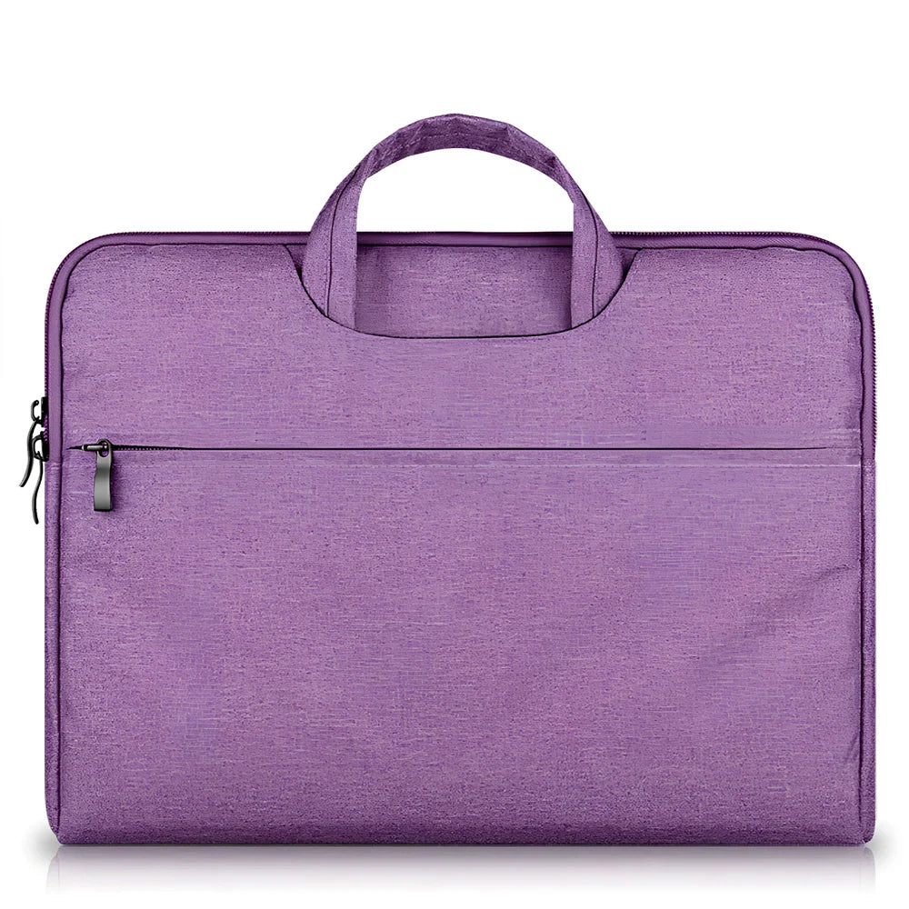 Grey laptop sleeve for MacBook with ant cloth exterior and soft handle, showing internal plush lining
