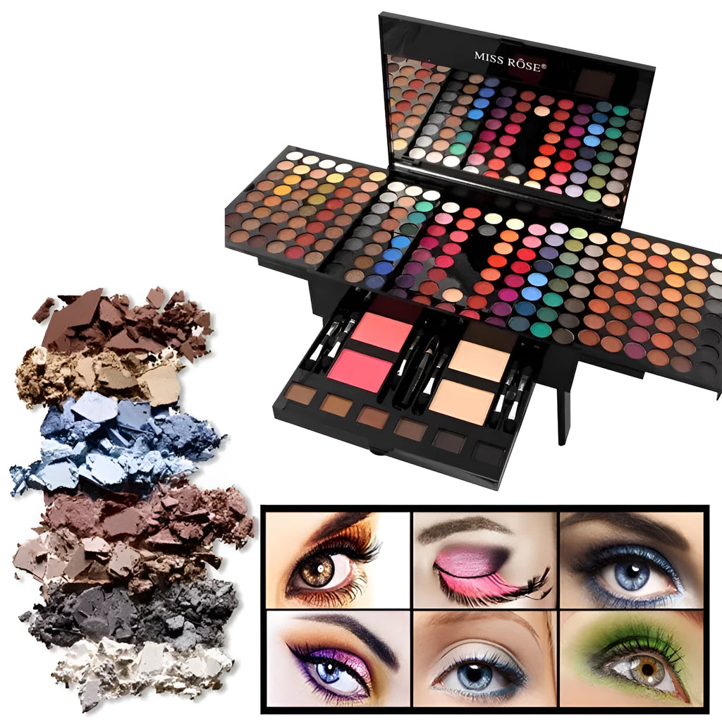 Piano-shaped box open to show 180 colour eyeshadow palette with blushes and contour powders