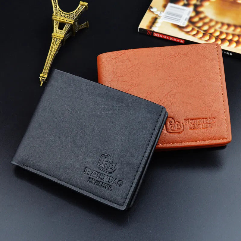 Compact PU bifold wallet in black with multiple card slots and zippered coin pocket