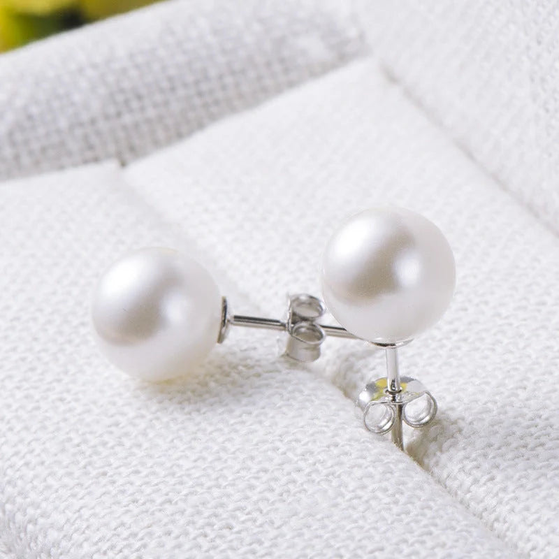 S925 silver pearl earrings with natural shell pearls in white or pink, sizes 6mm or 8mm