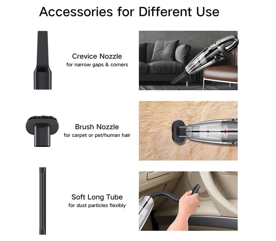 Black cordless handheld car vacuum cleaner with attachments on a grey surface