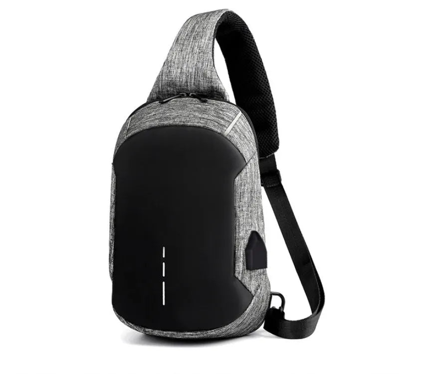 Dark blue waterproof oxford cloth chest bag with a single strap and front zipper.
