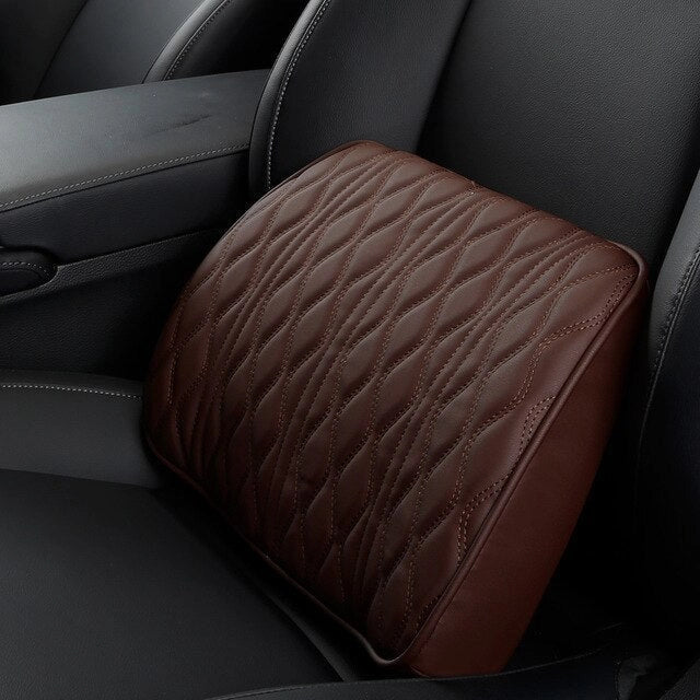 Embroidered memory foam car headrest and waist rest set in black and brown