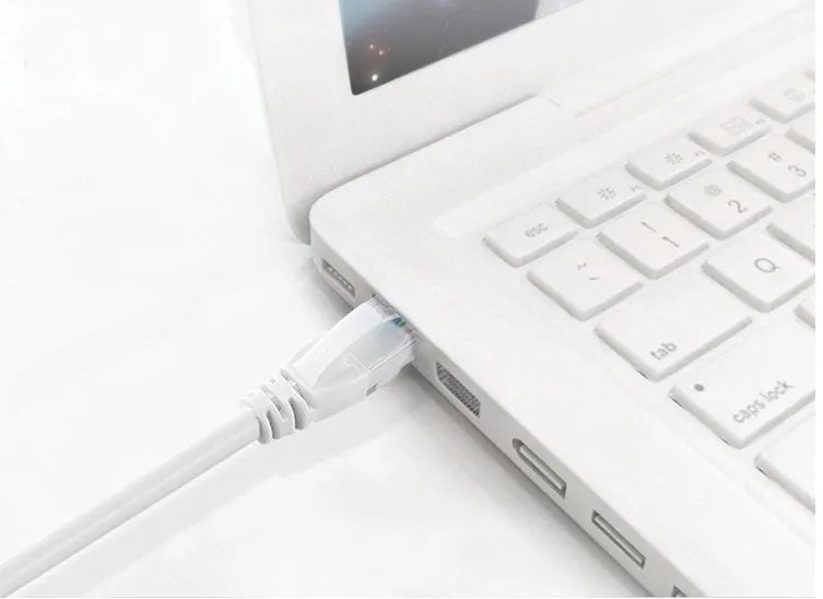White Cat6 network cable with RJ45 connectors in various lengths including 1M to 50M for Ethernet networking