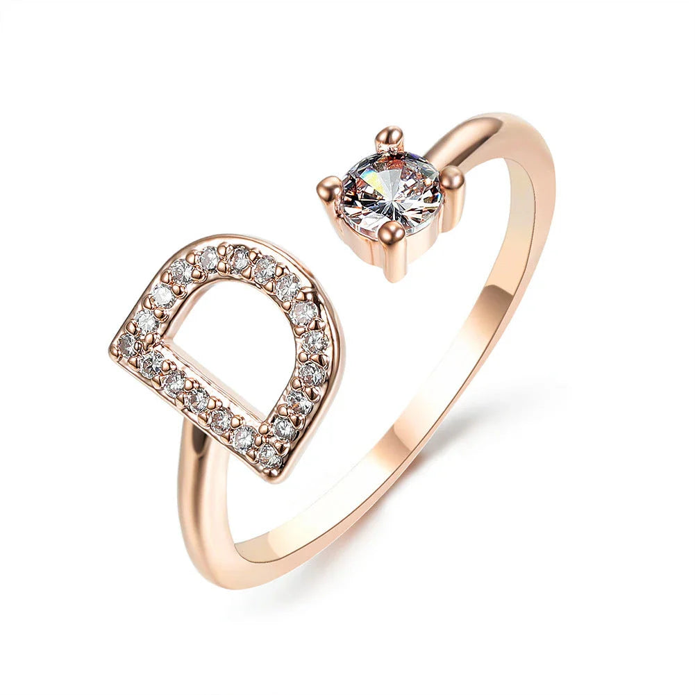 Elegant 26-letter adjustable initial ring in gold, silver, and rose gold finishes