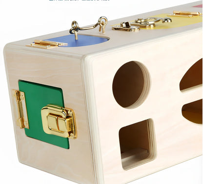 Wooden educational shape sorting box with 12 geometric pieces for preschool children