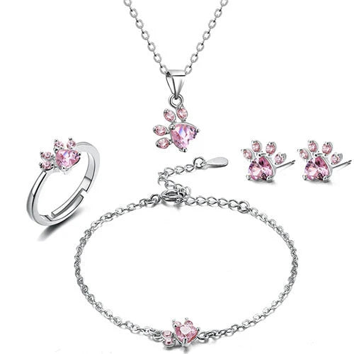 Women's cat bear dog paw jewelry set with CZ stones in rose gold and white K