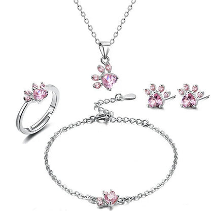 Women's cat bear dog paw jewelry set with CZ stones in rose gold and white K