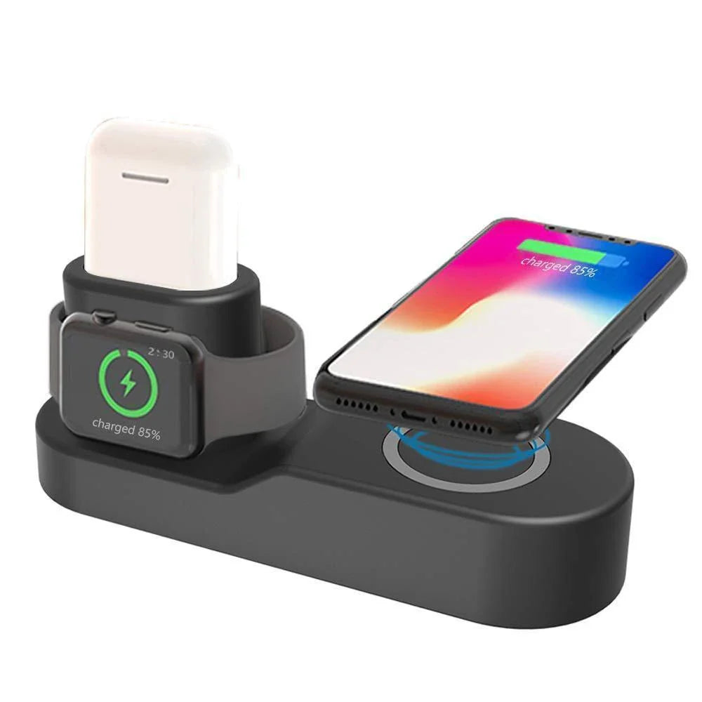 3-in-1 wireless charging station with phone, watch, and earbud charging capabilities