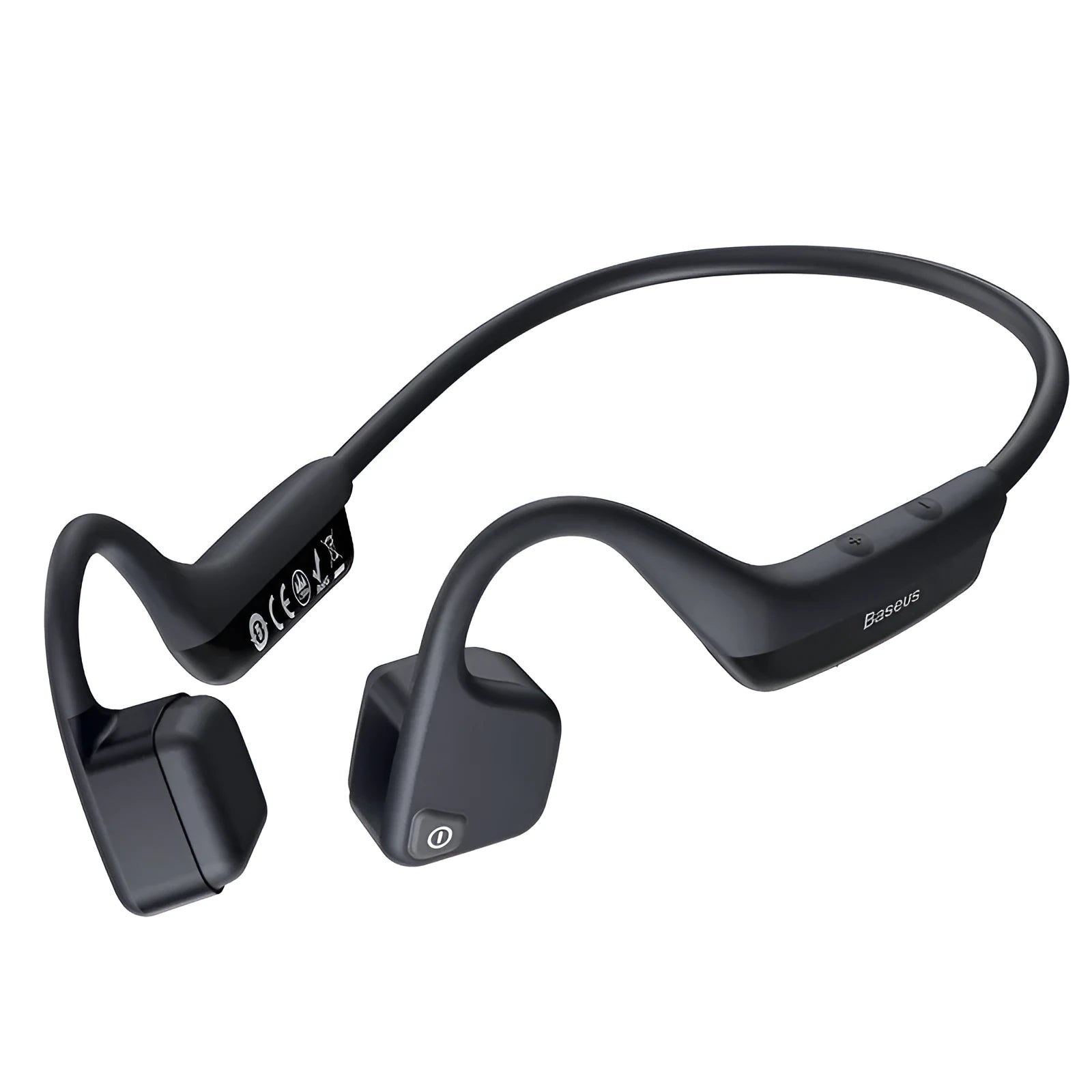 Black stereo waterproof wireless running headphones with hanging ear design