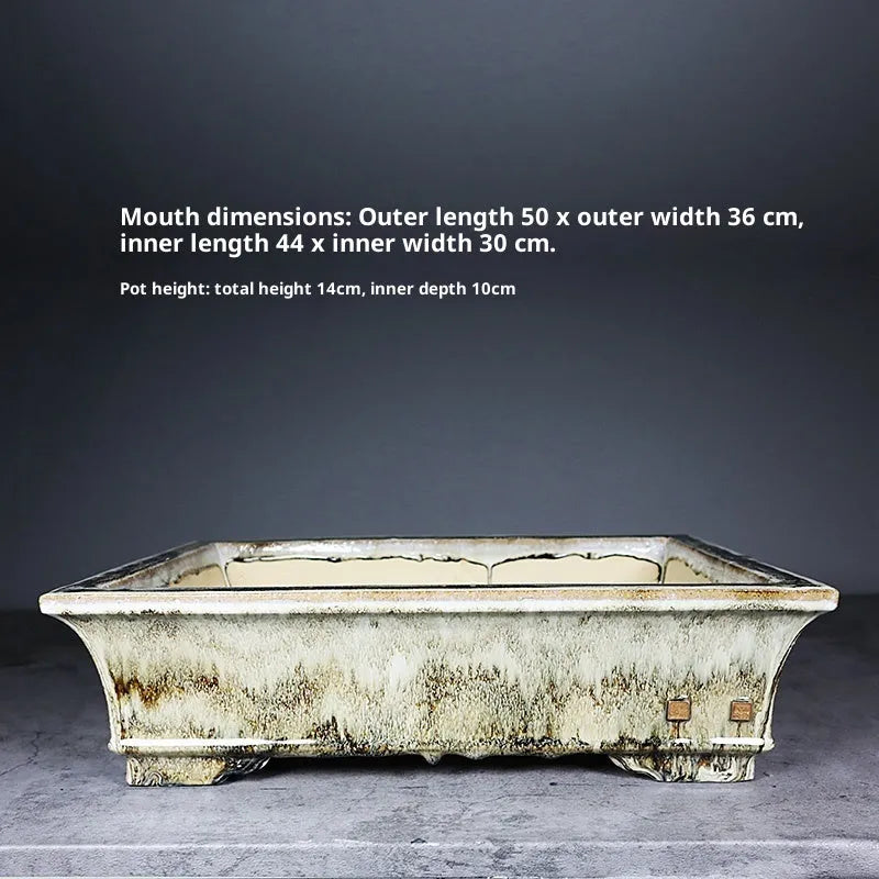 Glazed ceramic rectangular flower pot with old tree pile texture, classical style, available in dark or light jun glaze