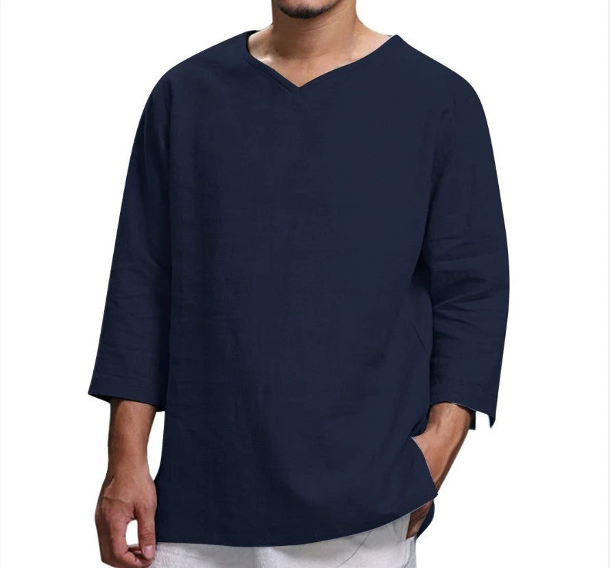 Men's loose V-neck top in hemp blend fabric, available in multiple colours