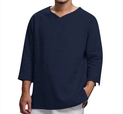 Men's loose V-neck top in hemp blend fabric, available in multiple colours