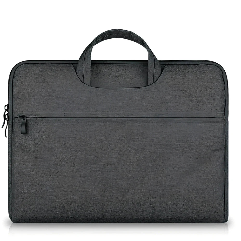 Grey laptop sleeve for MacBook with ant cloth exterior and soft handle, showing internal plush lining