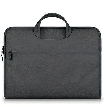 Grey laptop sleeve for MacBook with ant cloth exterior and soft handle, showing internal plush lining