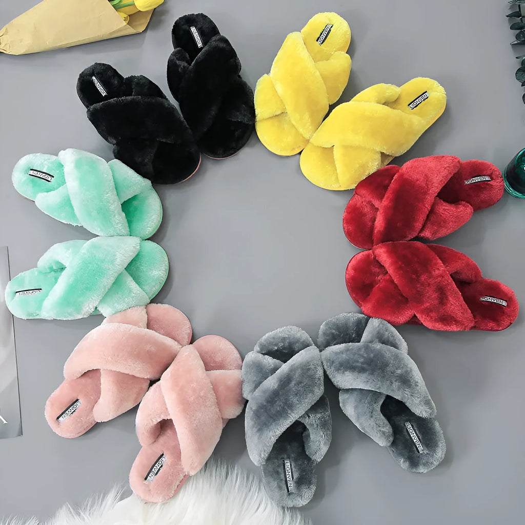 Women's cross open-toe fur slippers in black with anti-slip patterned sole
