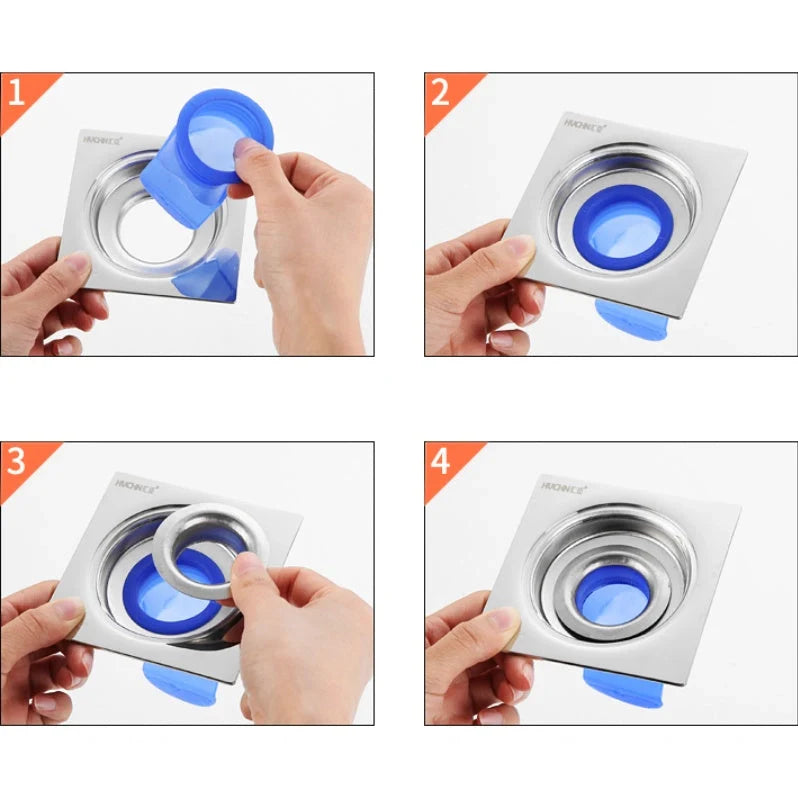 Blue silicone floor drain deodorant anti-overflow device measuring 180x120x40 mm