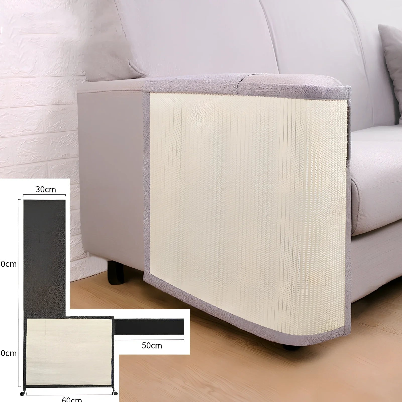 Dark grey cotton linen cat scratcher pad on sofa arm, 50cm wide anti-scratch protection for pet claws