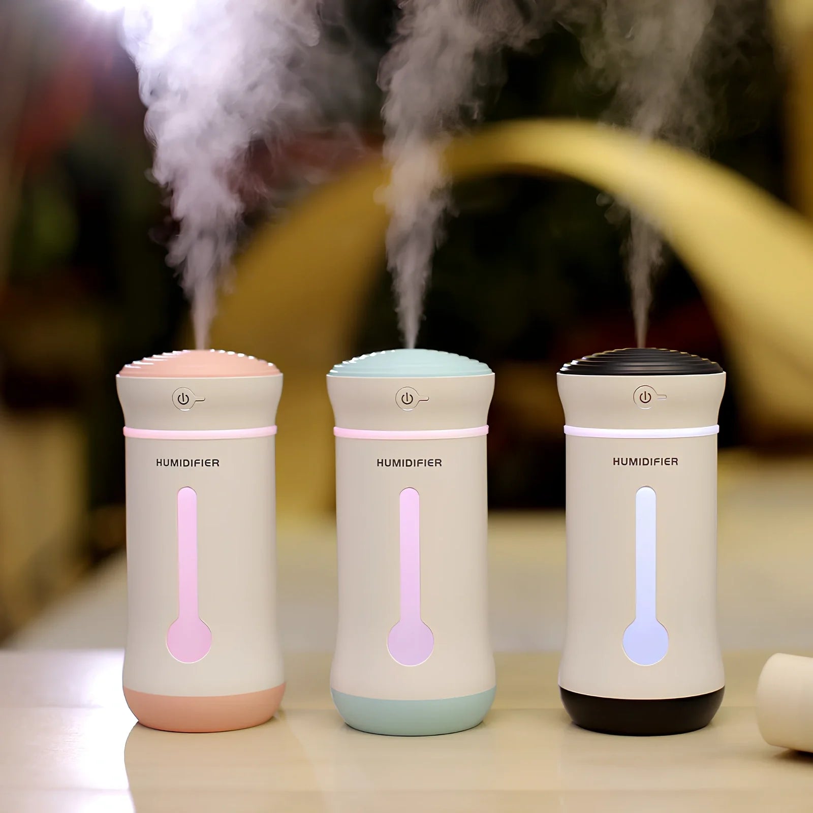 Creative car air purifier humidifier in pink, 7.6x7.6x17cm size with 300ml bottle and USB cable