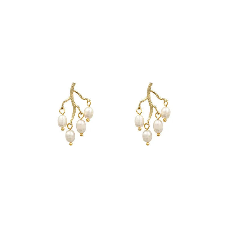 Pearl branch earrings for women, alloy silver gold finish, pearl inlay flower shape, white colour dangle drop earrings
