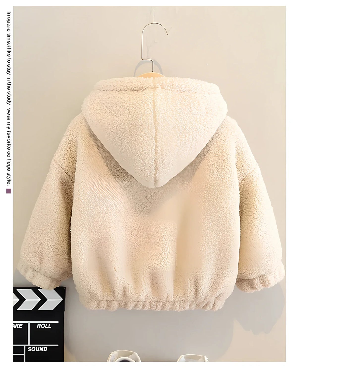 Children's cashmere fleece jacket with detachable cartoon hat in beige, green, or orange