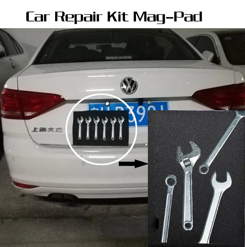 Magnetic pad 300x200x3mm in black, holding metal tools on a car bonnet