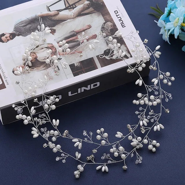 A gold crystal pearl hair band for long hair made of copper and iron wire, shown at 100cm length.