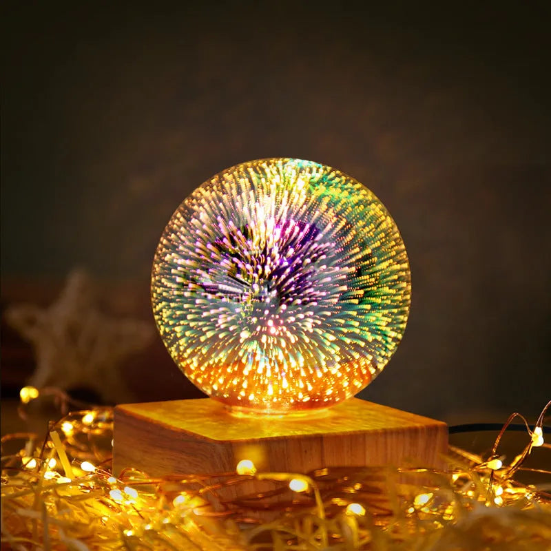 Spherical USB touch control LED night light showing starry sky pattern on a desk.