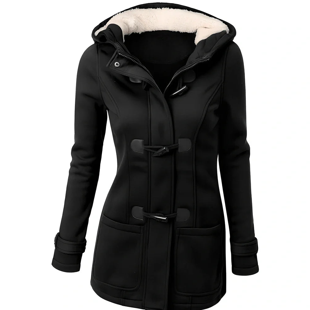 Women's green long down parka with fur collar, horn buttons, and hood - medium 65-80cm length, slim fit for winter