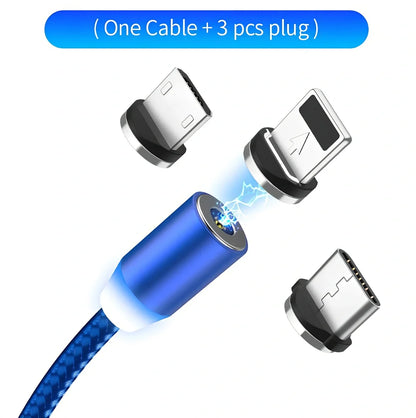 YBD 1m black magnetic LED charging cable with three-in-one plugs for iPhone and Android, showing N52 magnet connection