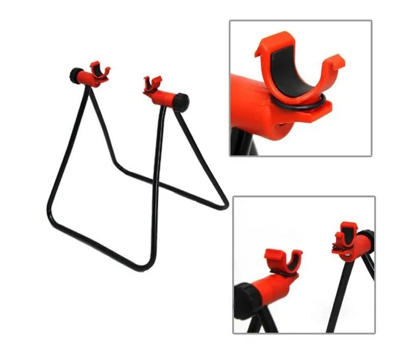Black foldable aluminium bicycle repair rack with chain stay mounts and adjustable height for 20-29 inch bikes