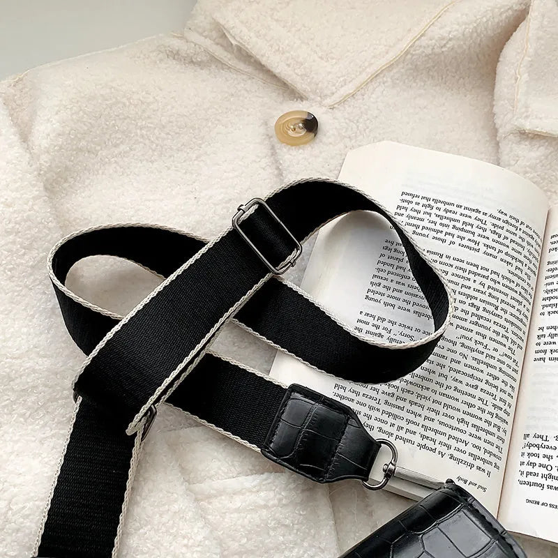 Vintage style PU crossbody bag in black, shown with dimensions for mobile phones and wallets