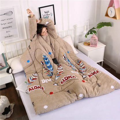 Cozy fleece-lined blanket with sleeves in various colors and designs, providing warmth and comfort for cold weather use.