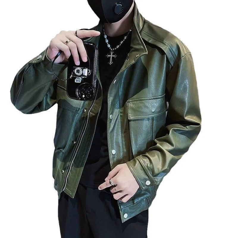 Men's black Korean-style PU leather jacket with straight hem and side pockets