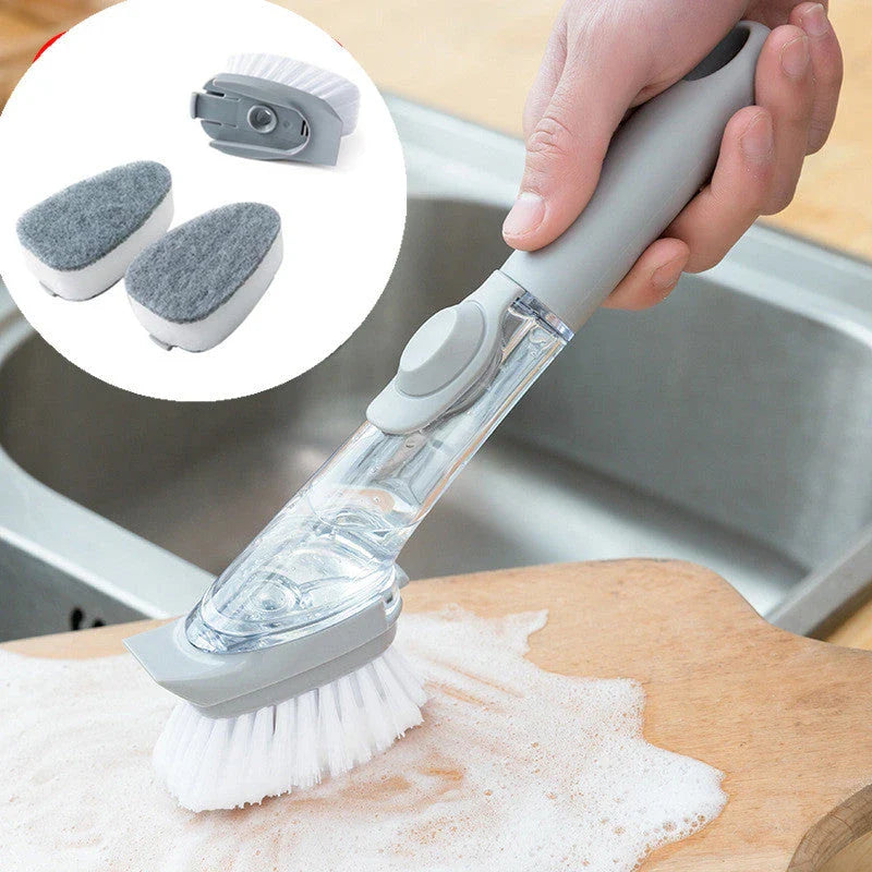 Versatile long-handled kitchen cleaning brush with removable brush and sponge heads