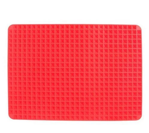 Red silicone pyramid cooking mat with grid for oven and BBQ, 39.5x27.5x1cm