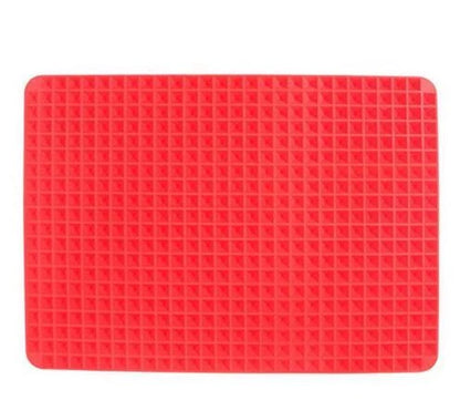 Red silicone pyramid cooking mat with grid for oven and BBQ, 39.5x27.5x1cm