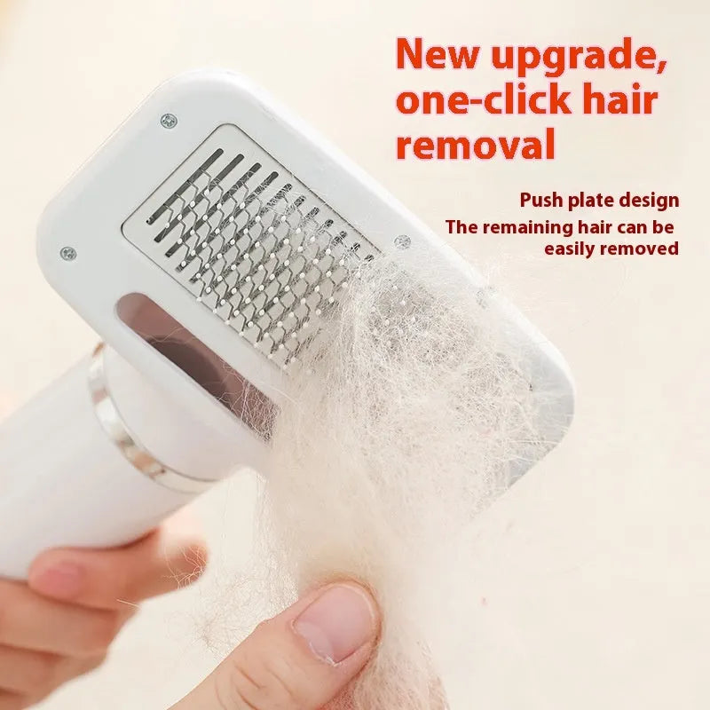 Pet hair dryer and blue whirlpool comb for dog grooming on a white background.