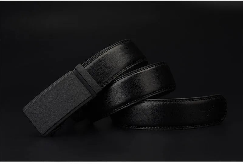 Automatic buckle two-layer cowhide belt men black rectangle alloy buckle single loop