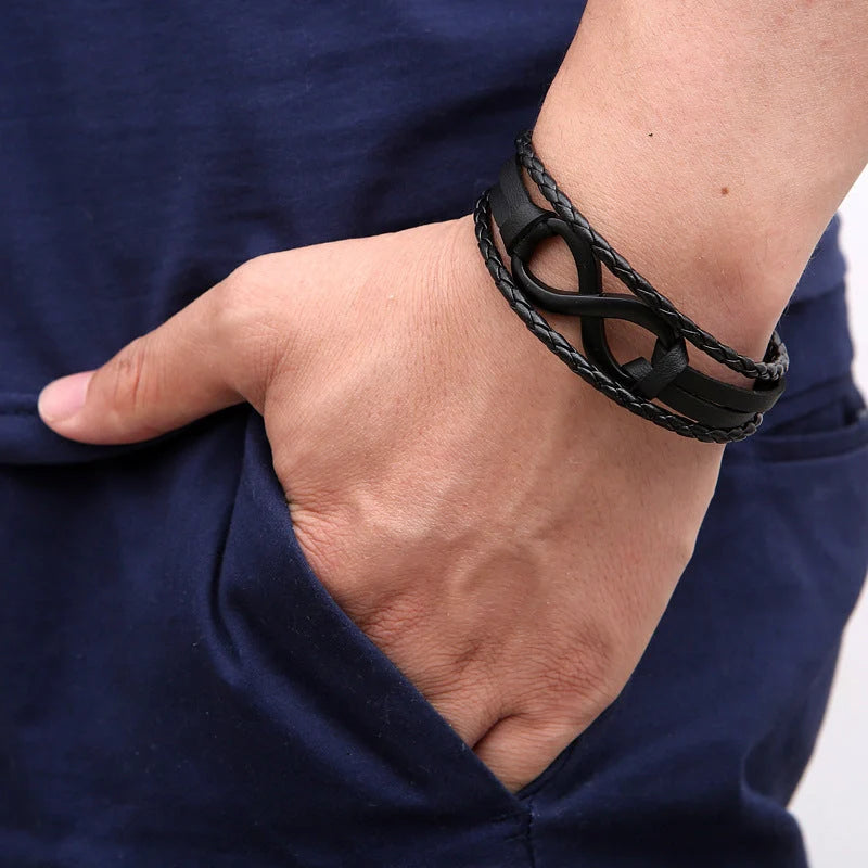 Alloy lucky figure 8 leather bracelet with adjustable leather strap and stainless steel accents