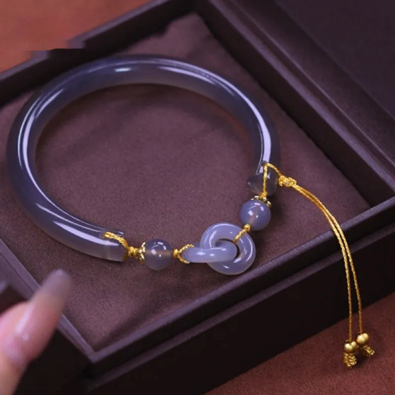 Smoke purple agate half bracelet with ring buckle adjustment in retro grey style