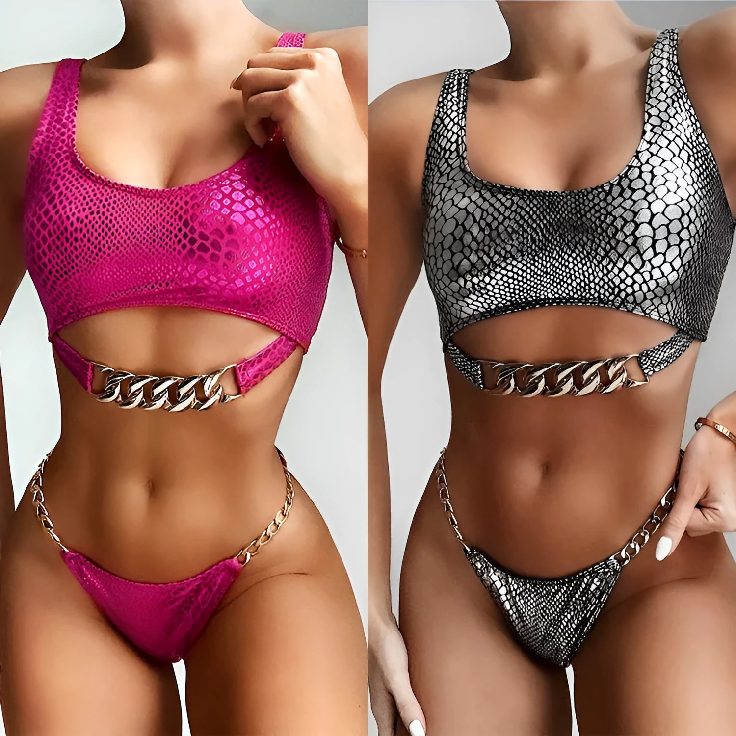 Snake pattern nylon bikini set in Gold colour on display