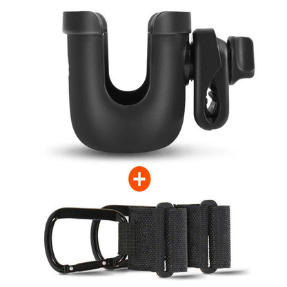 Universal baby stroller cup holder with phone pocket attached to a stroller