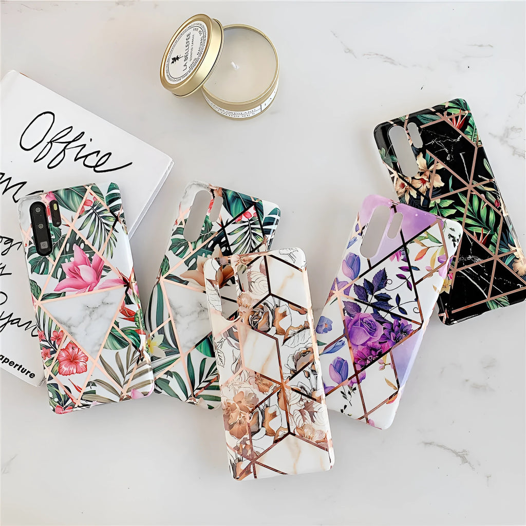 Huawei phone case with white floral lattice pattern on a coloured TPU PC back cover.