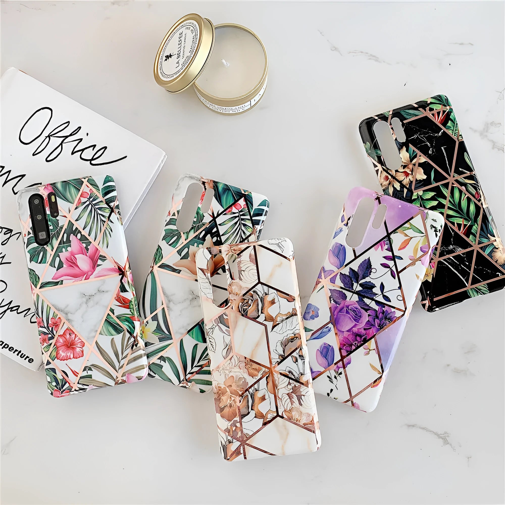 Huawei phone case with white floral lattice pattern on a coloured TPU PC back cover.