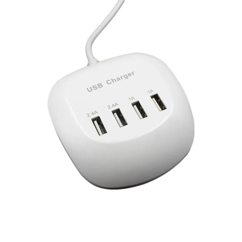 A white USB wall charger with either a two-pin EU plug or a two-pin US plug, showing the USB output port.