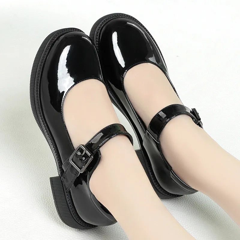 Women's round toe black cow split leather pumps with buckle strap and 3.5cm mid flat heel