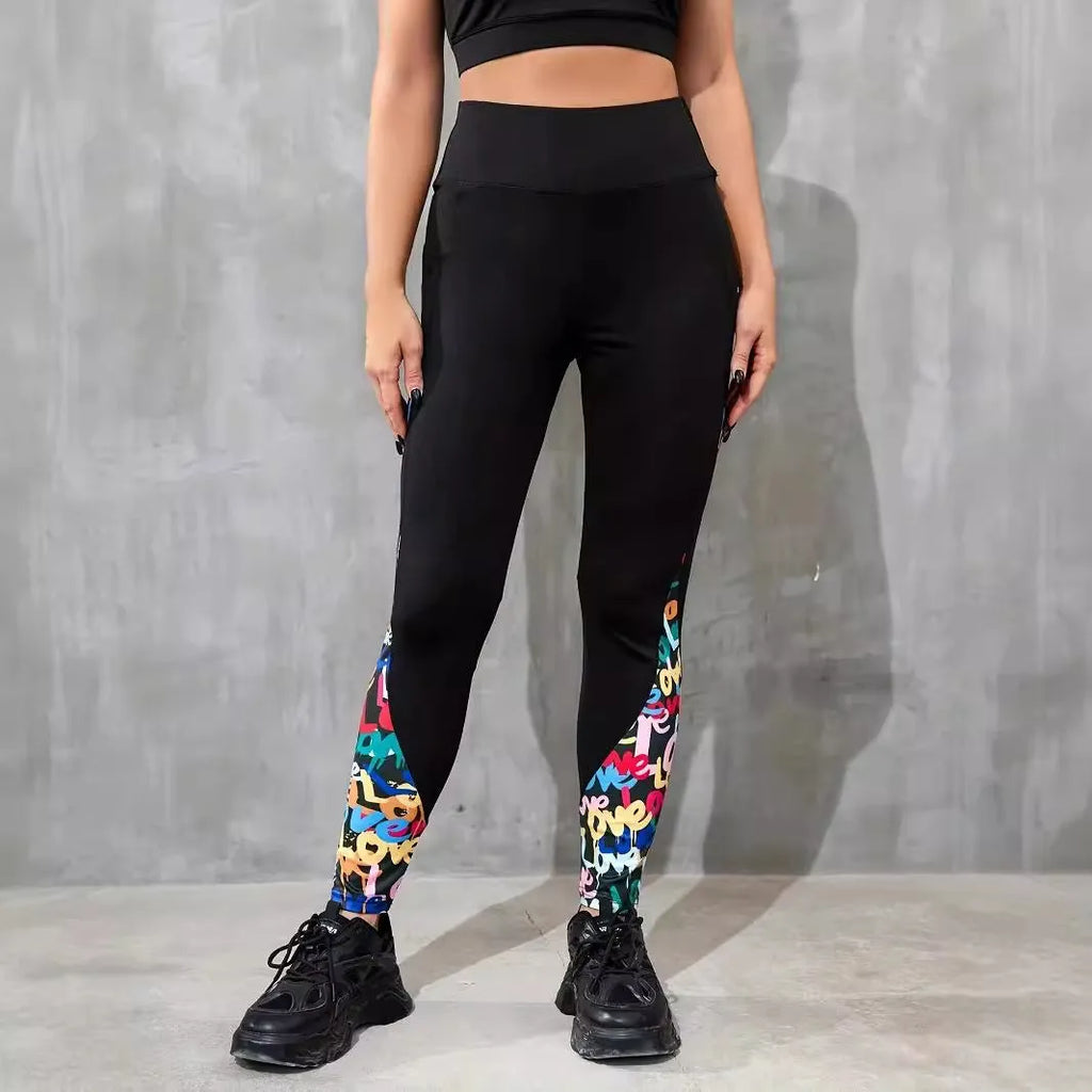 Women's high-waist colour contrast patchwork leggings with side pocket for fitness and yoga wear