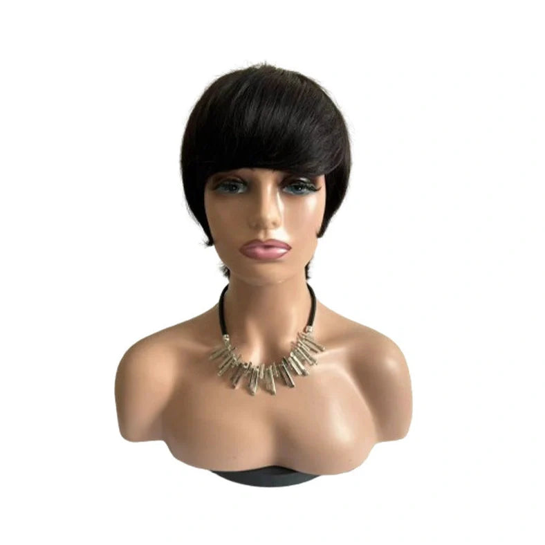 Short straight human hair wig with side bangs in natural black colour, showing 30cm length and realistic hairline